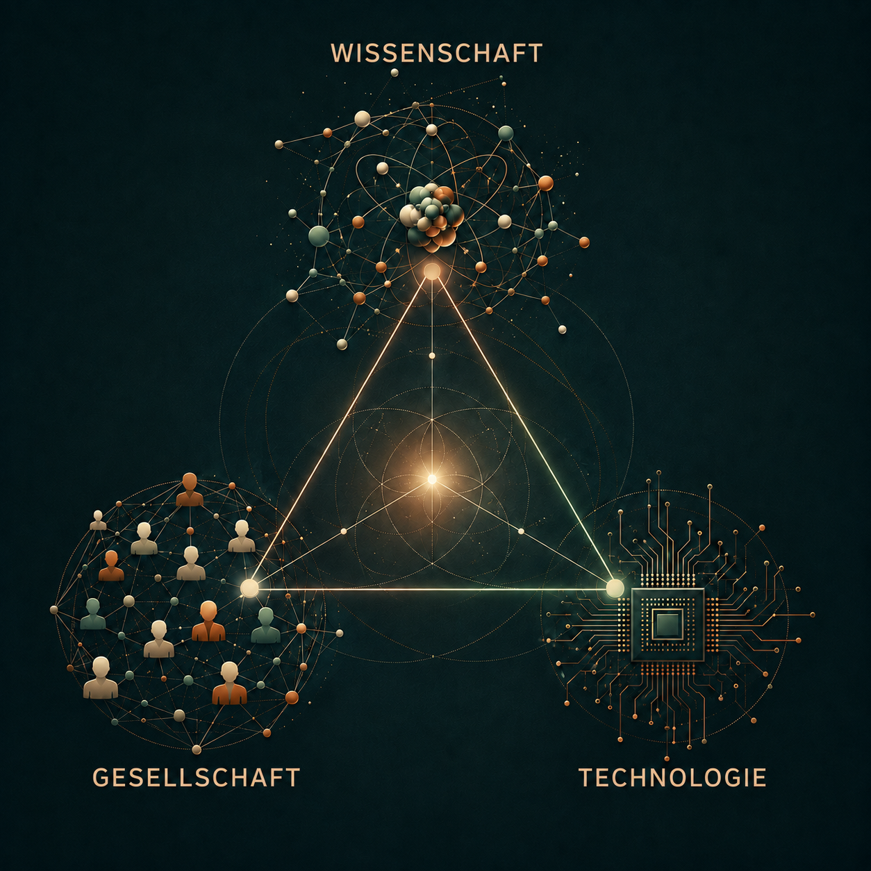 Zeitgenössische Darstellung von Wissenschaft, Gesellschaft und Technologie als drei miteinander verbundene Eckpunkte eines Dreiecks