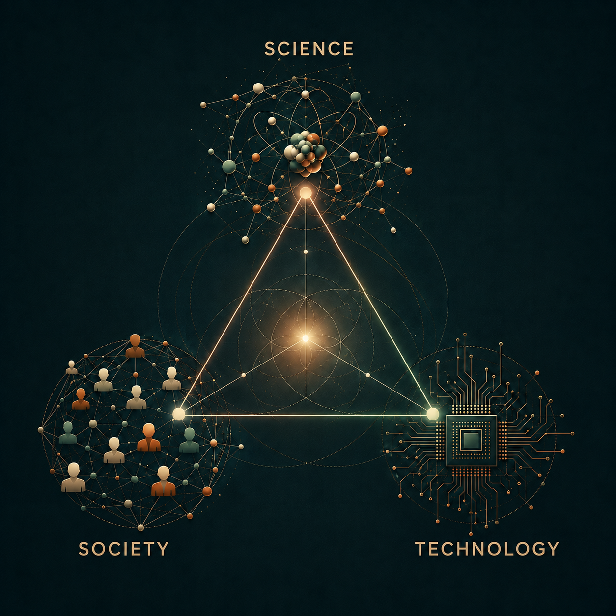 Contemporary illustration of science, society and technology as the three corners of an interconnected triangle