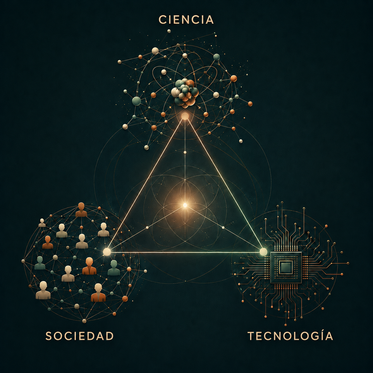 Ilustración contemporánea de la ciencia, la sociedad y la tecnología como los tres vértices de un triángulo interconectado