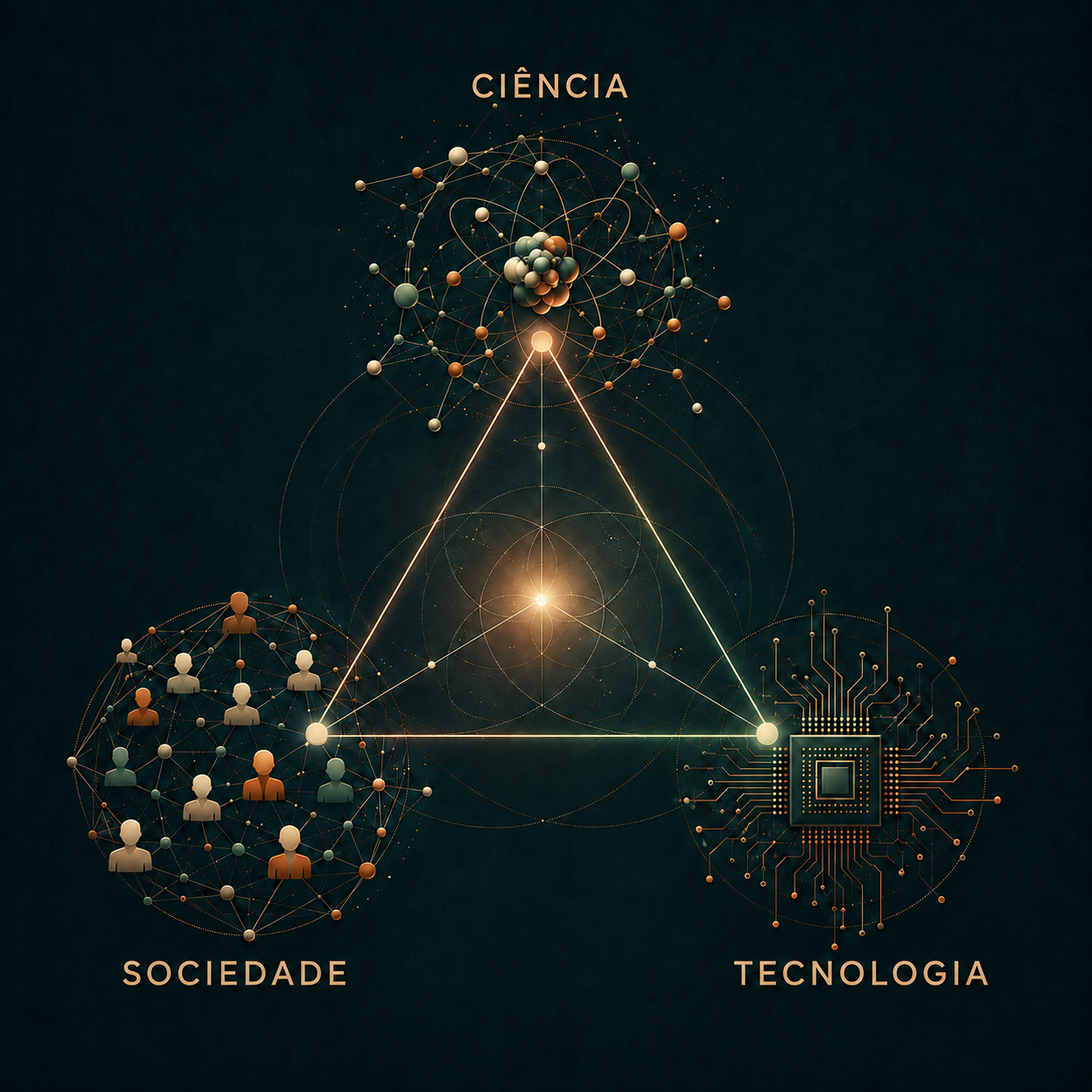 Ilustração contemporânea da ciência, da sociedade e da tecnologia como os três vértices de um triângulo interligado