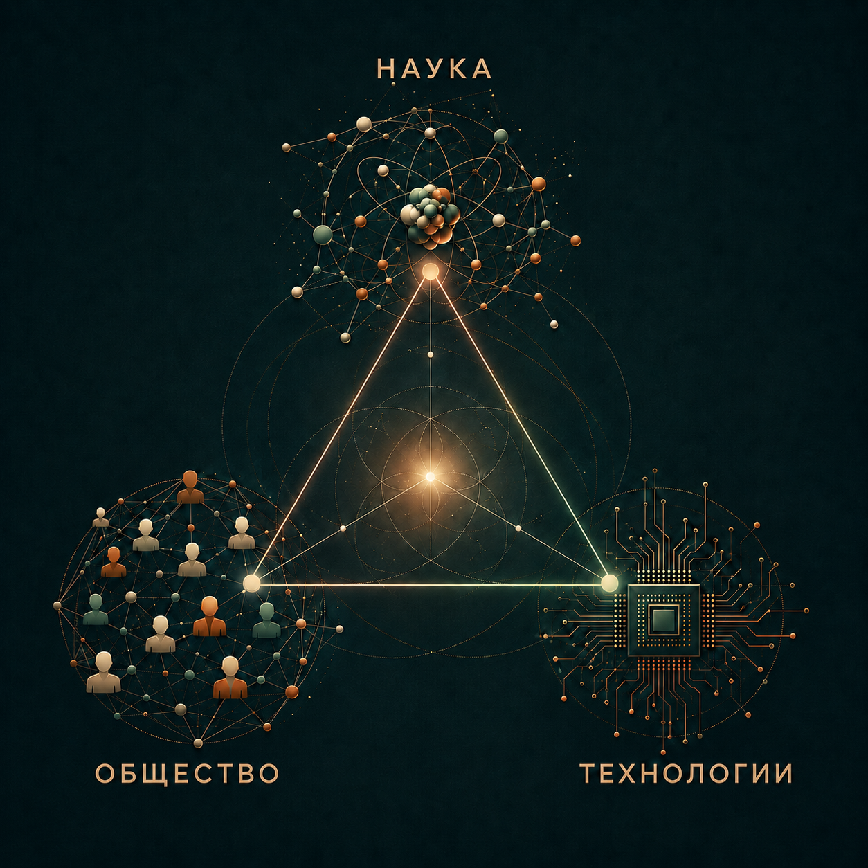 Современная иллюстрация, представляющая науку, общество и технологии как три взаимосвязанные вершины треугольника