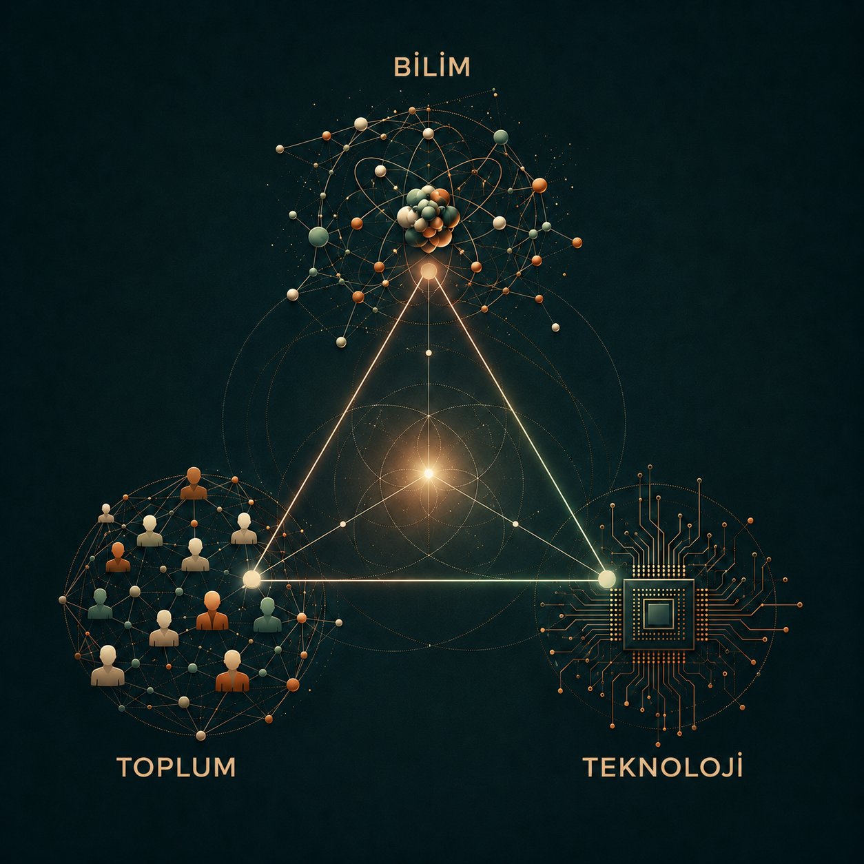 Bilim, toplum ve teknolojiyi birbirine bağlı bir üçgenin köşeleri olarak gösteren çağdaş görsel