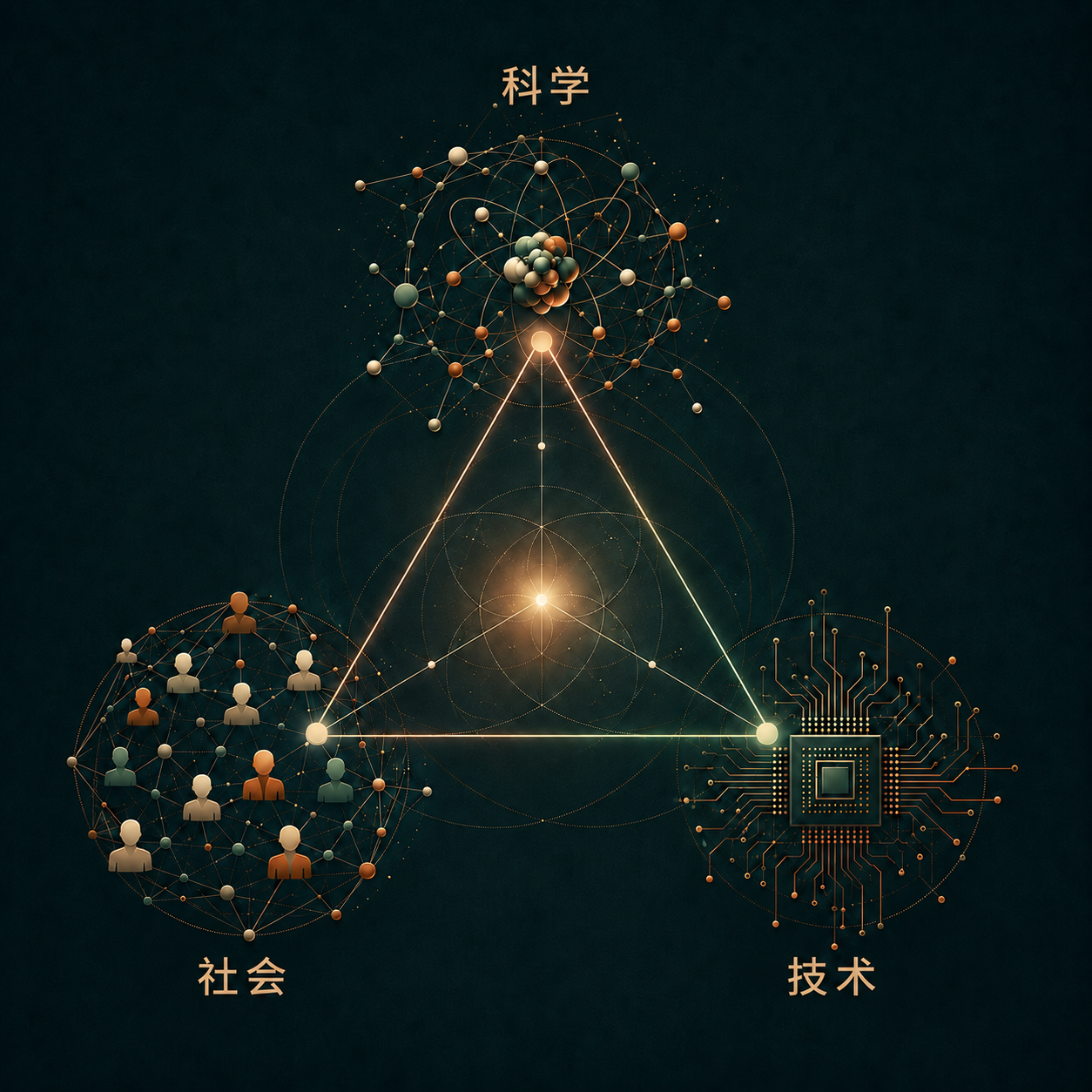 以相互连接的三角形三个顶点呈现科学、社会与技术的当代插画